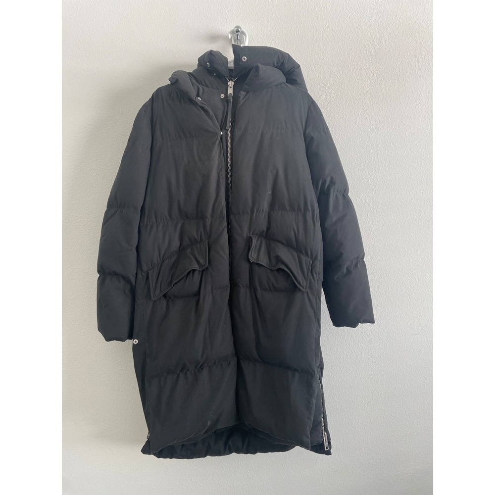 ALLSAINTS Ester Parker Puffer Coat Women M Black Midi Double Snap Hooded Comfort